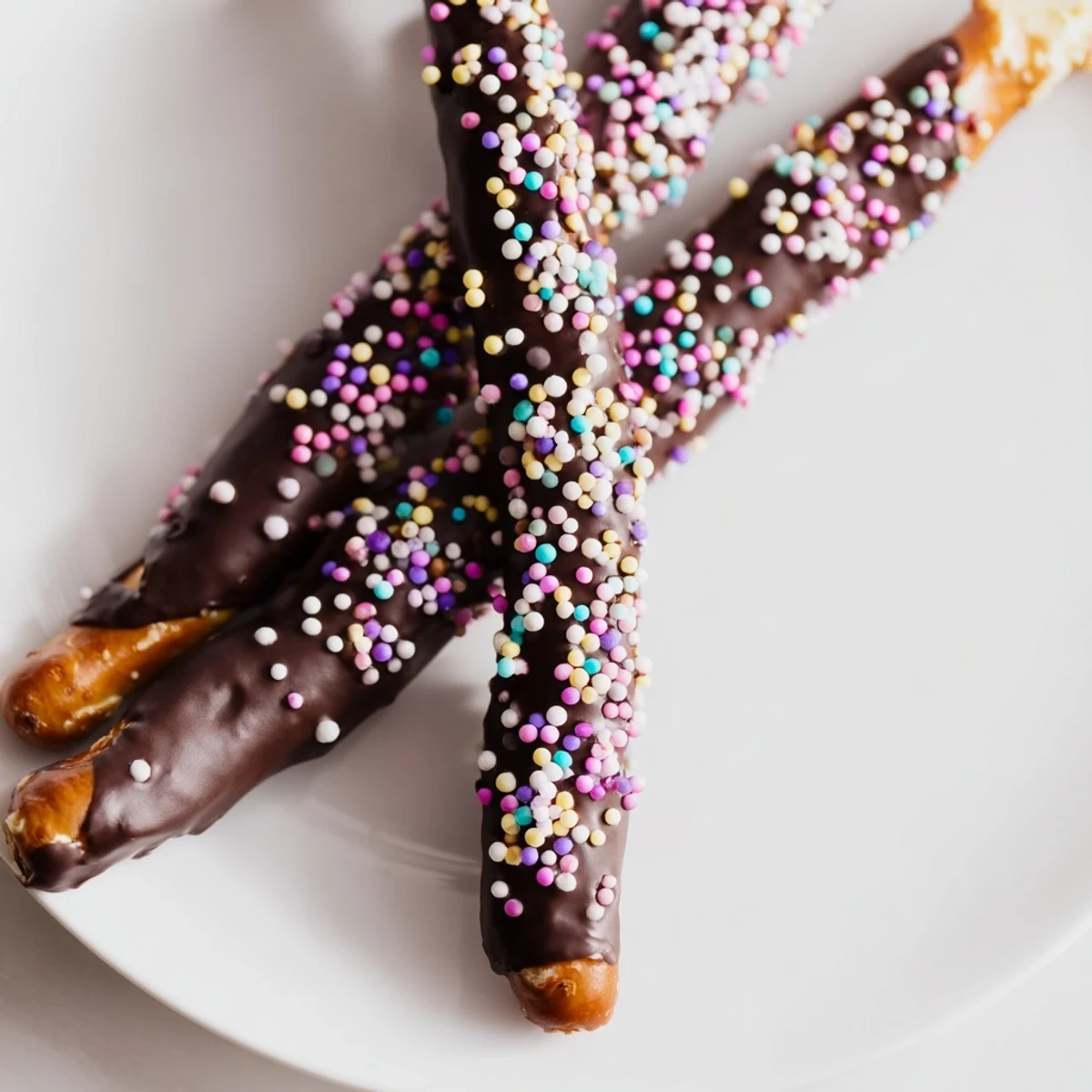Chocolate covered pretzels with pastel sprinkles arranged on a white plate, ready for a festive party snack.