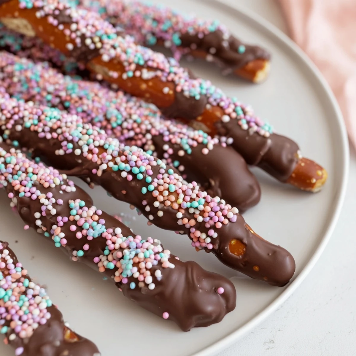 These chocolate covered pretzels with pastel sprinkles shine on a dessert platter, paired with berries for a sweet treat.