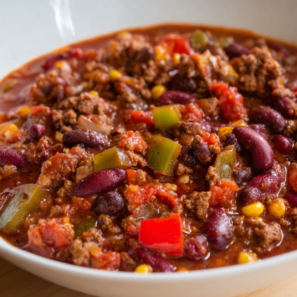 A bowl of Slow Cooker Chili with Ground Beef topped with melted cheddar and sour cream.