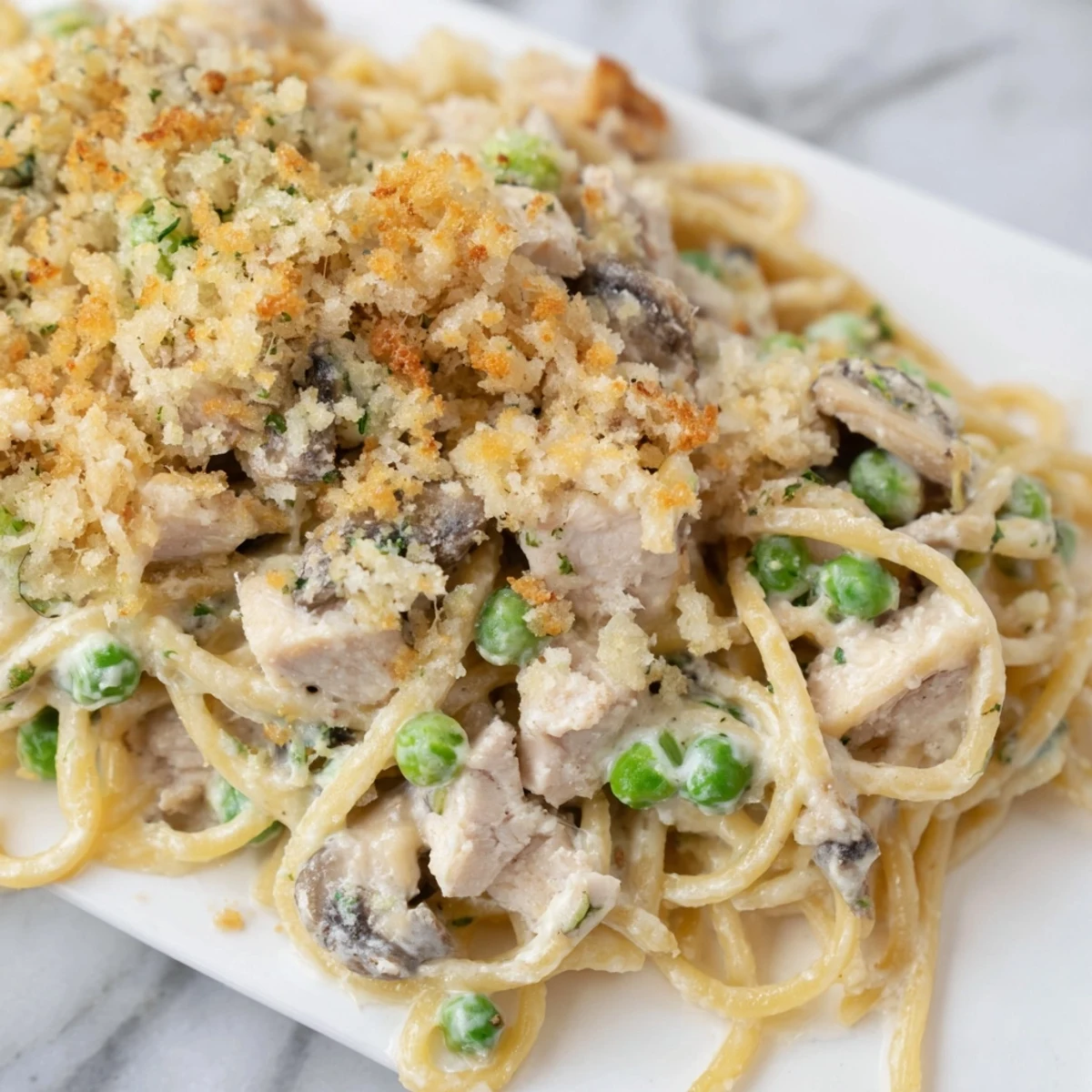 Turkey Tetrazzini with Mushrooms steaming from a baking dish with golden, cheesy breadcrumbs and tender turkey pieces.