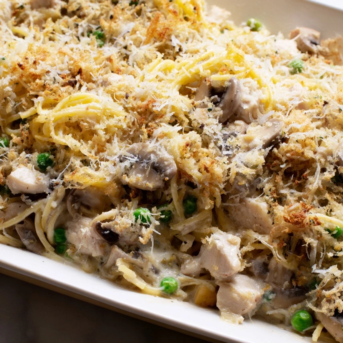 Pasta casserole topped with melted mozzarella and sautéed cremini mushrooms, served in a white baking dish.