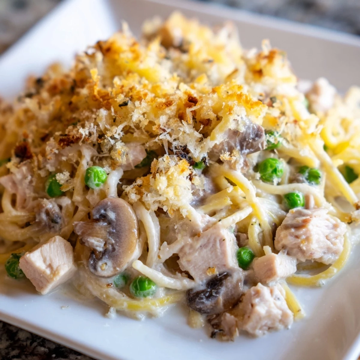 Golden-brown Turkey Tetrazzini with Mushrooms beside a glass of wine and fresh parsley garnish.