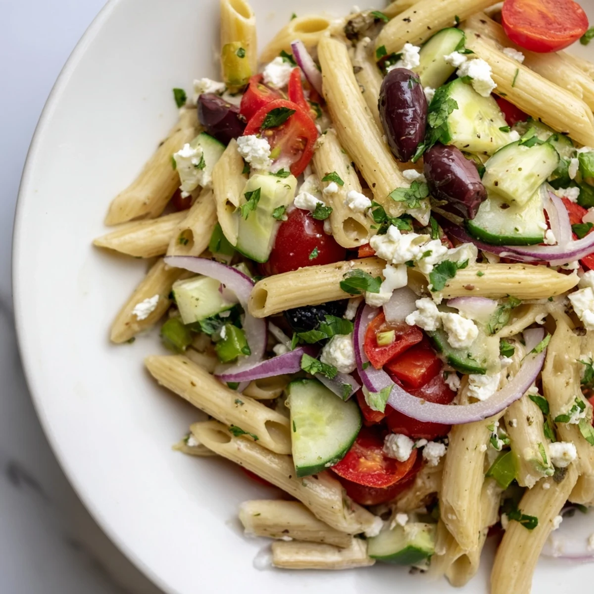 A close-up of Mediterranean Pasta Salad with Olives featuring Kalamata and green olives, fresh herbs, and a glistening lemon vinaigrette dressing.