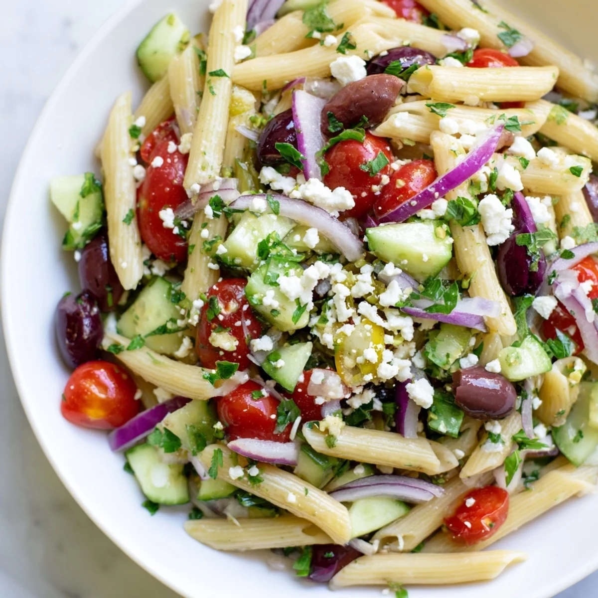 Fresh Mediterranean Pasta Salad with Olives served in a white bowl, showcasing vibrant cherry tomatoes and crunchy cucumbers tossed with feta cheese.