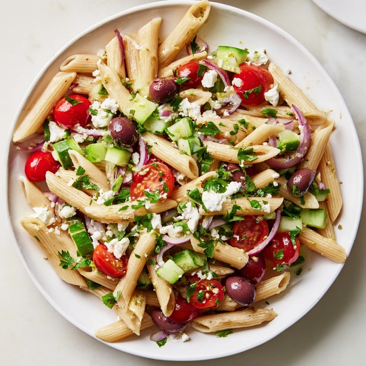 Chilled Mediterranean Pasta Salad with Olives ready for a picnic, mixed with red bell peppers and red onion slices alongside crumbled feta.