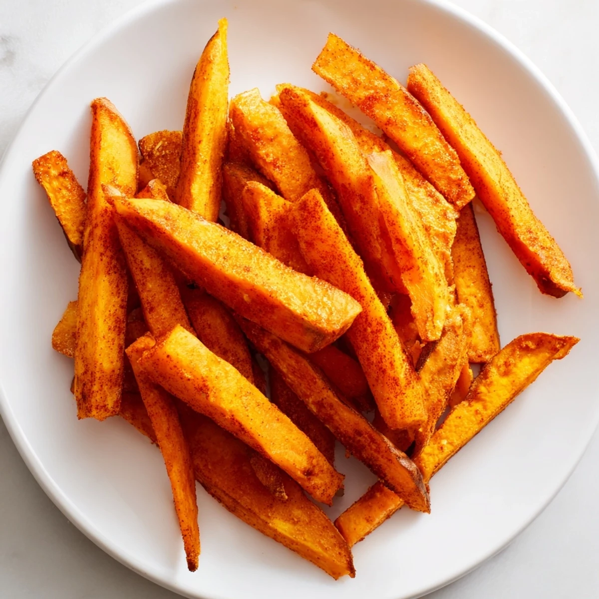 Golden and crispy Crispy Air Fryer Sweet Potato Fries arranged on a rustic plate with a side of aioli for dipping.