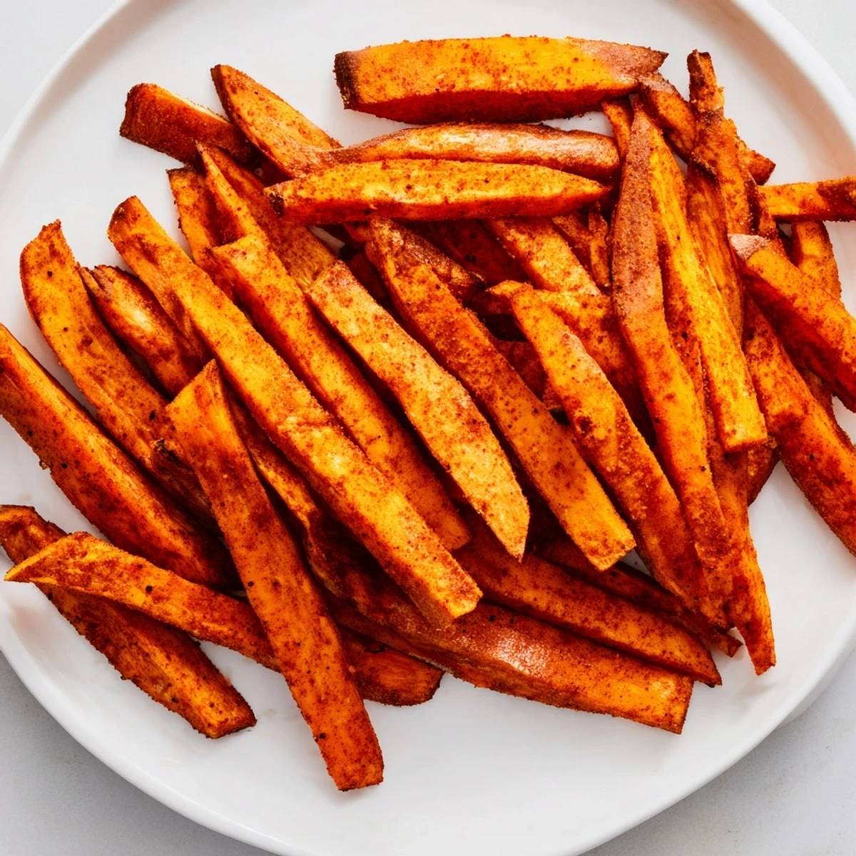 A generous serving of Crispy Air Fryer Sweet Potato Fries next to a ketchup dipping sauce on a casual American dinner table.