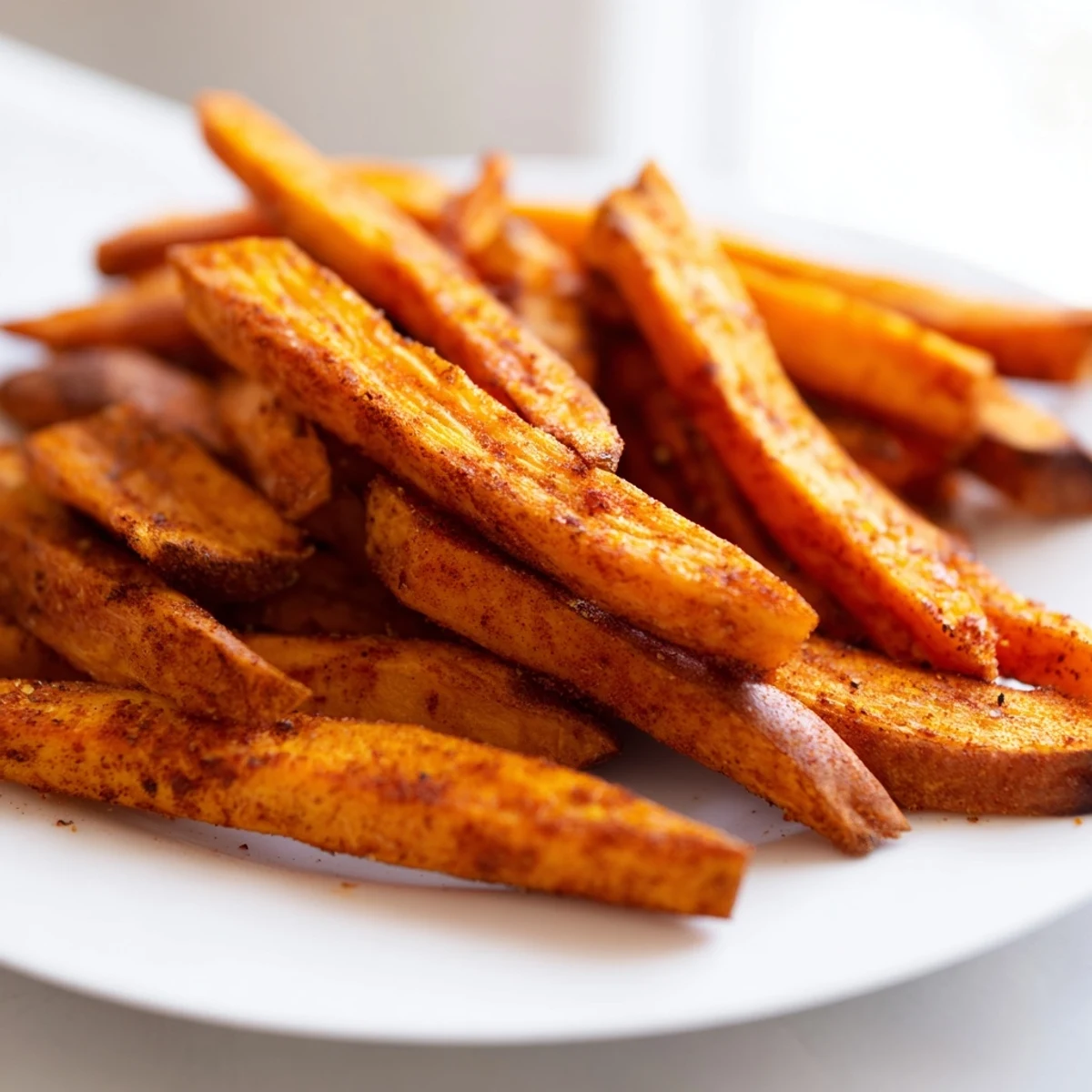 Close-up of Crispy Air Fryer Sweet Potato Fries, showing their seasoned, golden edges and tender orange interior on a baking sheet.