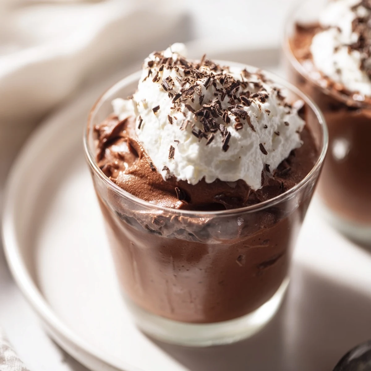 Four elegant serving glasses hold silky chocolate mousse with whipped cream, glistening under soft kitchen light.