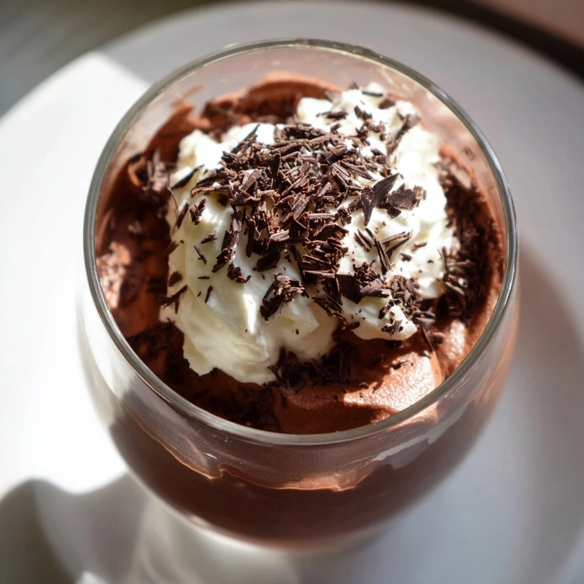 Rich chocolate mousse with whipped cream served in a glass, with a spoon ready for a creamy bite.