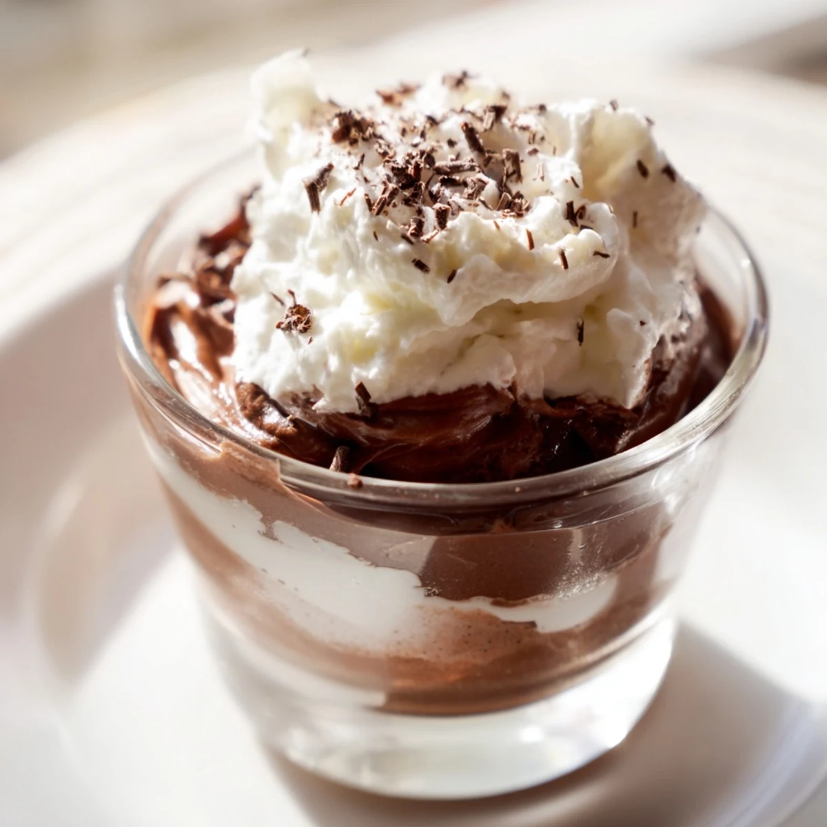 A close-up of Chocolate Mousse with Whipped Cream topped with chocolate shavings and a fresh raspberry garnish.