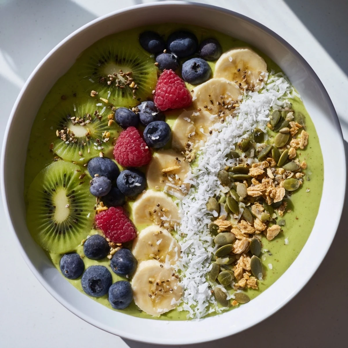 A vibrant green smoothie bowl with fresh spinach, banana, and creamy avocado topped with berries and granola.