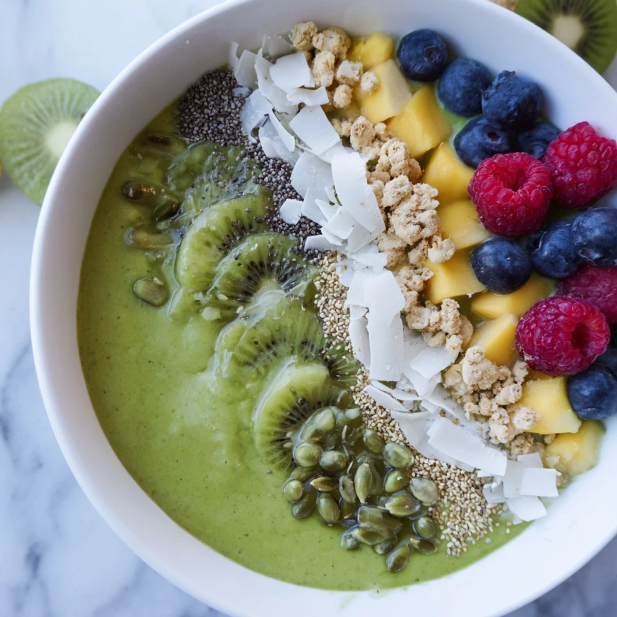 Thick, frosty Green Smoothie Bowl with Toppings served in a white bowl, featuring sliced kiwi, shredded coconut, and chia seeds.