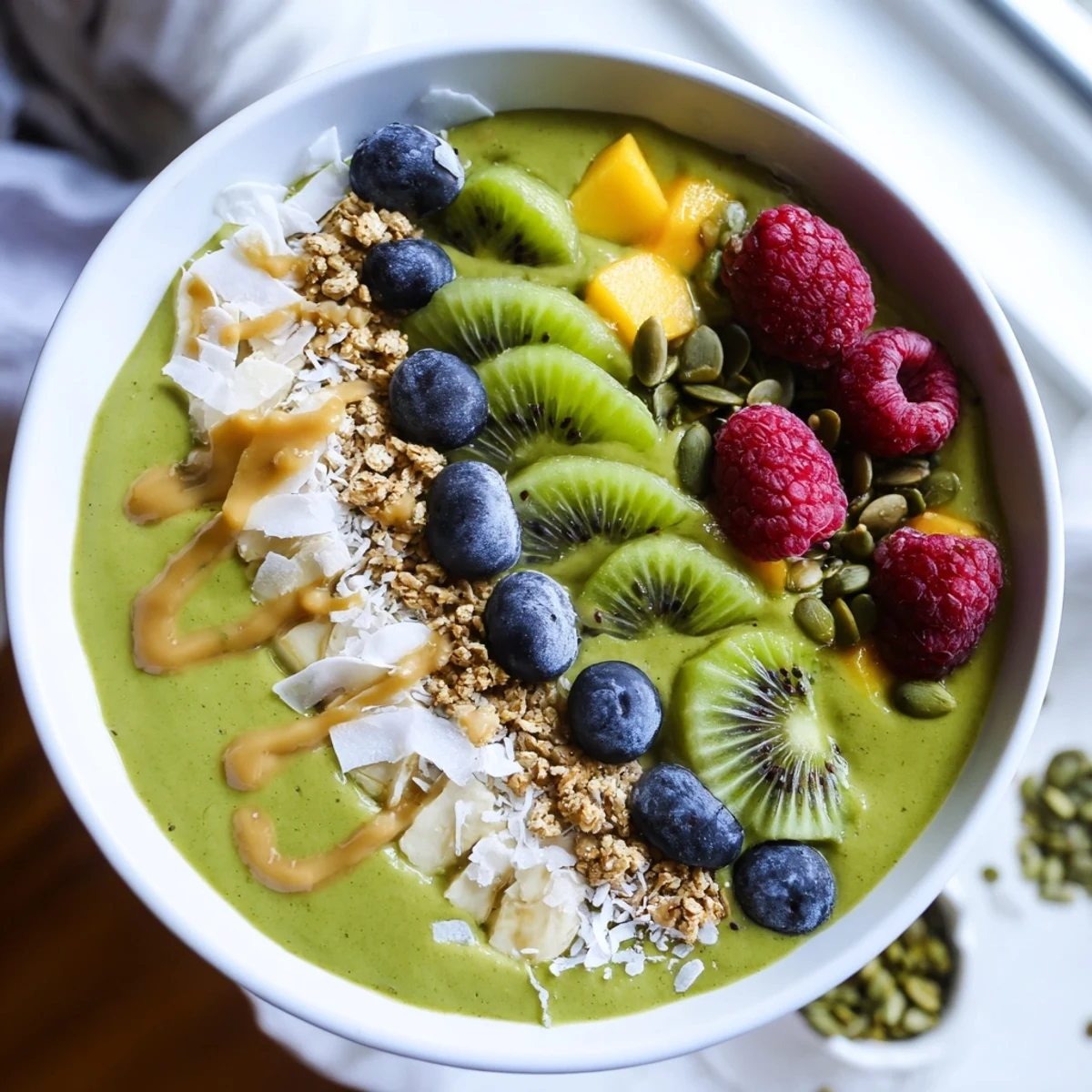 Refreshing vegan Green Smoothie Bowl with Toppings garnished with pumpkin seeds and fresh berries, ready for a healthy breakfast.