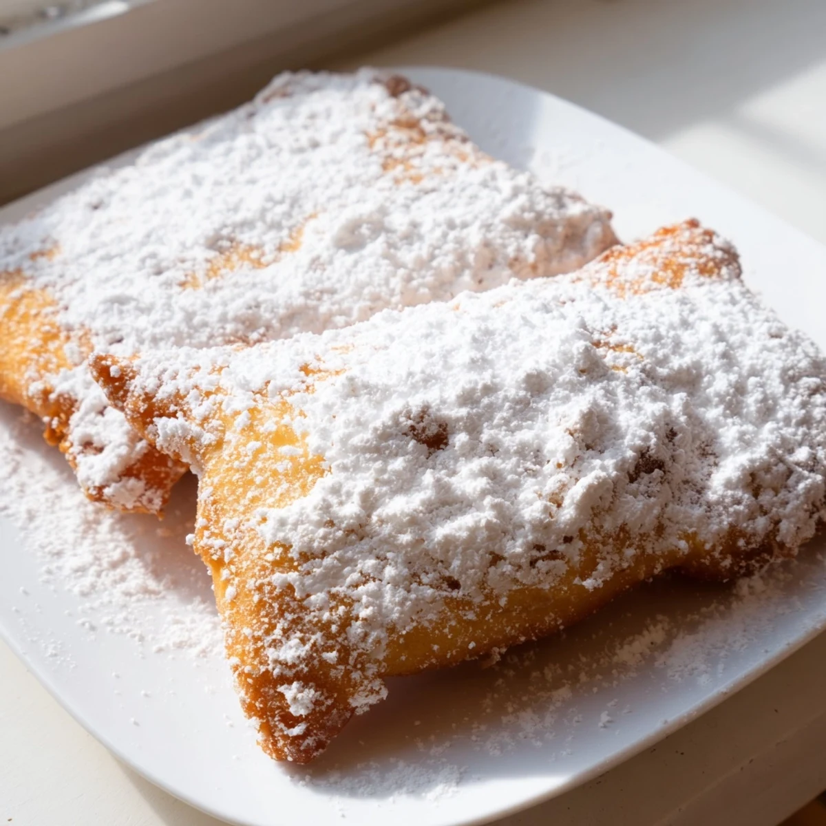 Golden-brown Mardi Gras Fried Dough with Sugar is dusted heavily with powdered sugar, served warm on a festive plate.