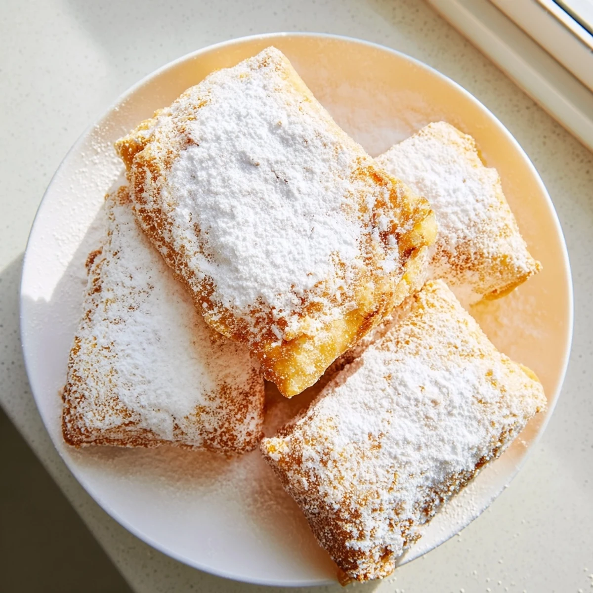 Freshly fried Mardi Gras Fried Dough with Sugar is displayed on paper towels, ready to be dusted for Carnival celebrations.