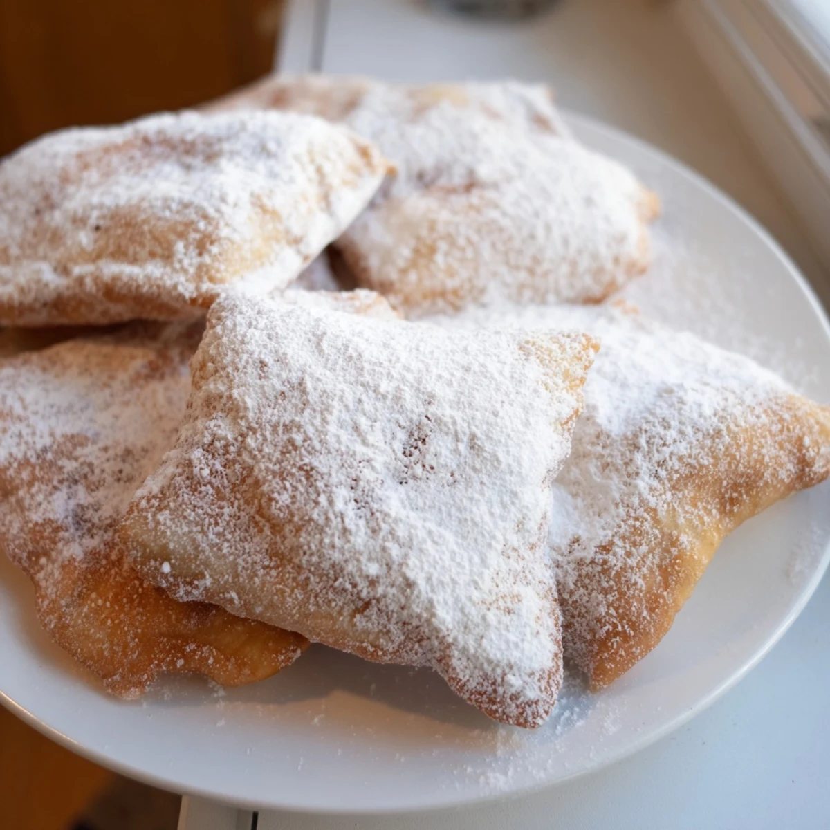 A close-up shows crispy Mardi Gras Fried Dough with Sugar in diamond shapes, glistening with powdered sugar beside chicory coffee.