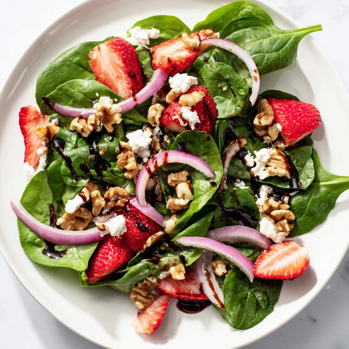 Bright baby spinach leaves topped with sliced sweet strawberries, crumbled feta, and toasted walnuts drizzled with tangy balsamic vinaigrette in this Strawberry Spinach Salad with Walnuts.