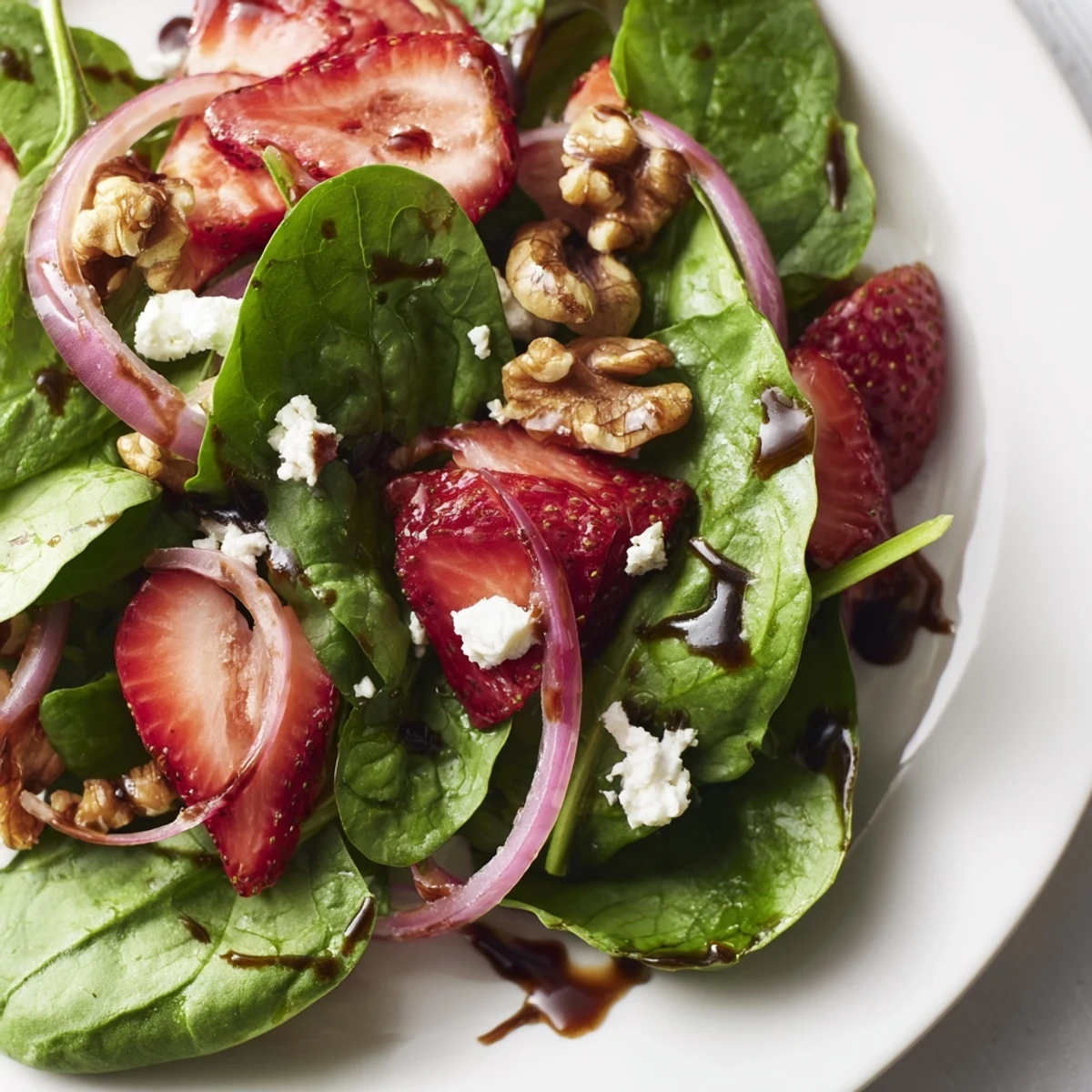 Freshly prepared Strawberry Spinach Salad with Walnuts showcasing vibrant red berries, creamy feta, and crunchy toasted nuts tossed in a honey-balsamic dressing for a light meal.