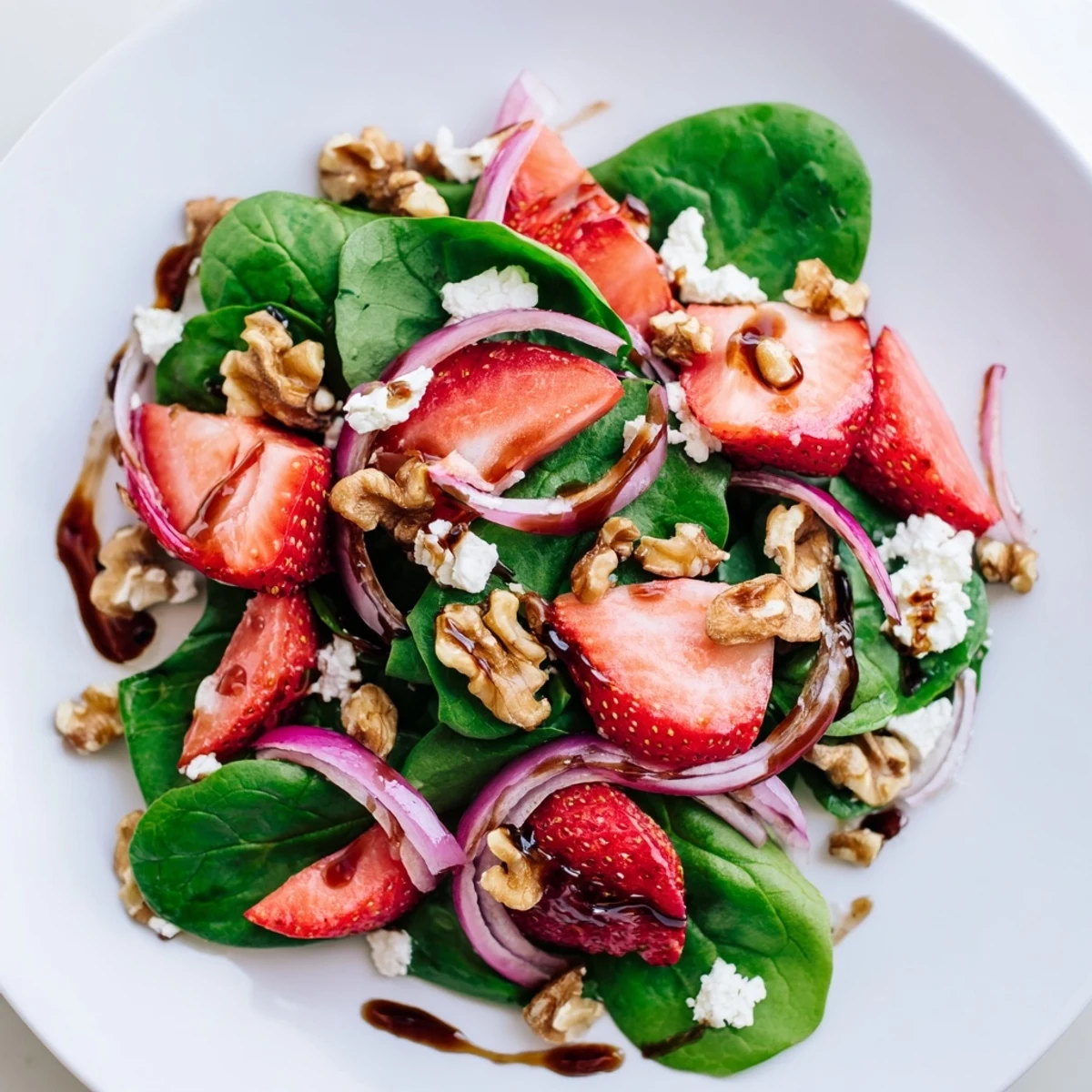 A close-up of a delicious Strawberry Spinach Salad with Walnuts, featuring juicy strawberry slices, crisp spinach, and red onion on a white serving platter, perfect for summer.