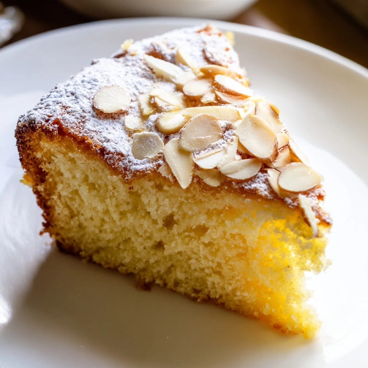 A freshly baked Lemon Ricotta Cake with Almonds cooling on a wire rack, golden crust and sliced almonds glistening.