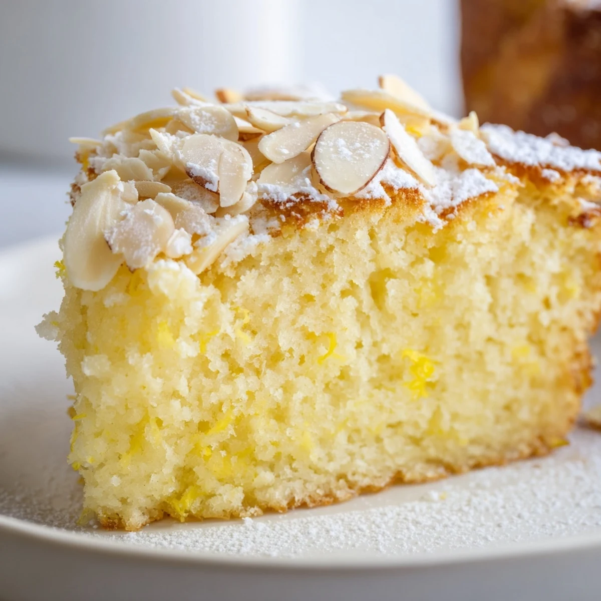 A slice of Lemon Ricotta Cake with Almonds on a white plate, served with fresh berries and a dollop of whipped cream.