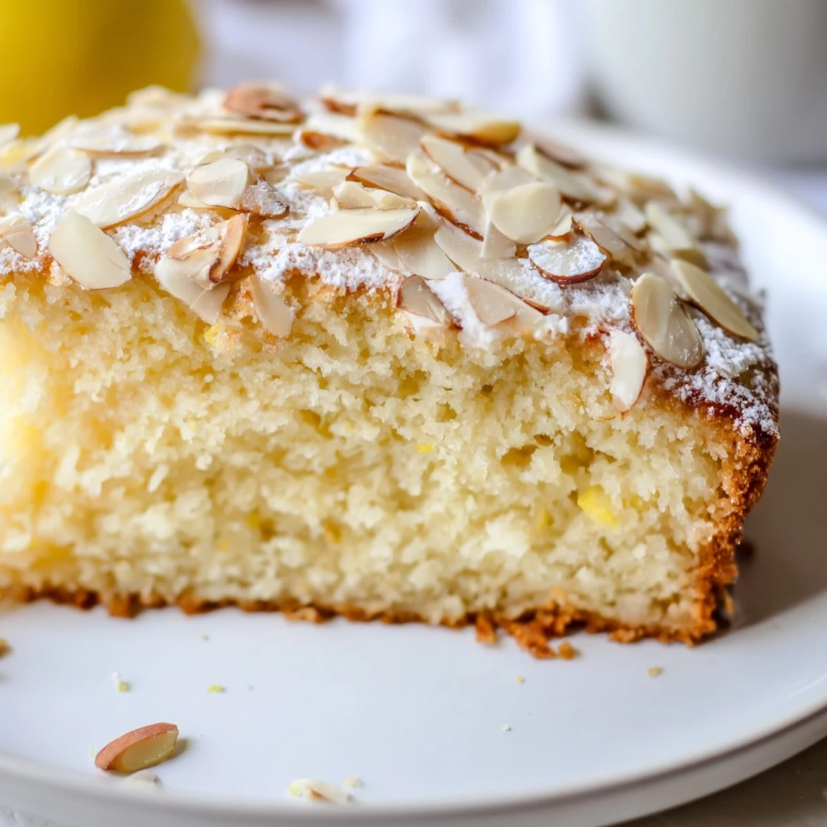 Close-up of Lemon Ricotta Cake with Almonds showing moist crumb texture, creamy ricotta and lemon zest flecks throughout.