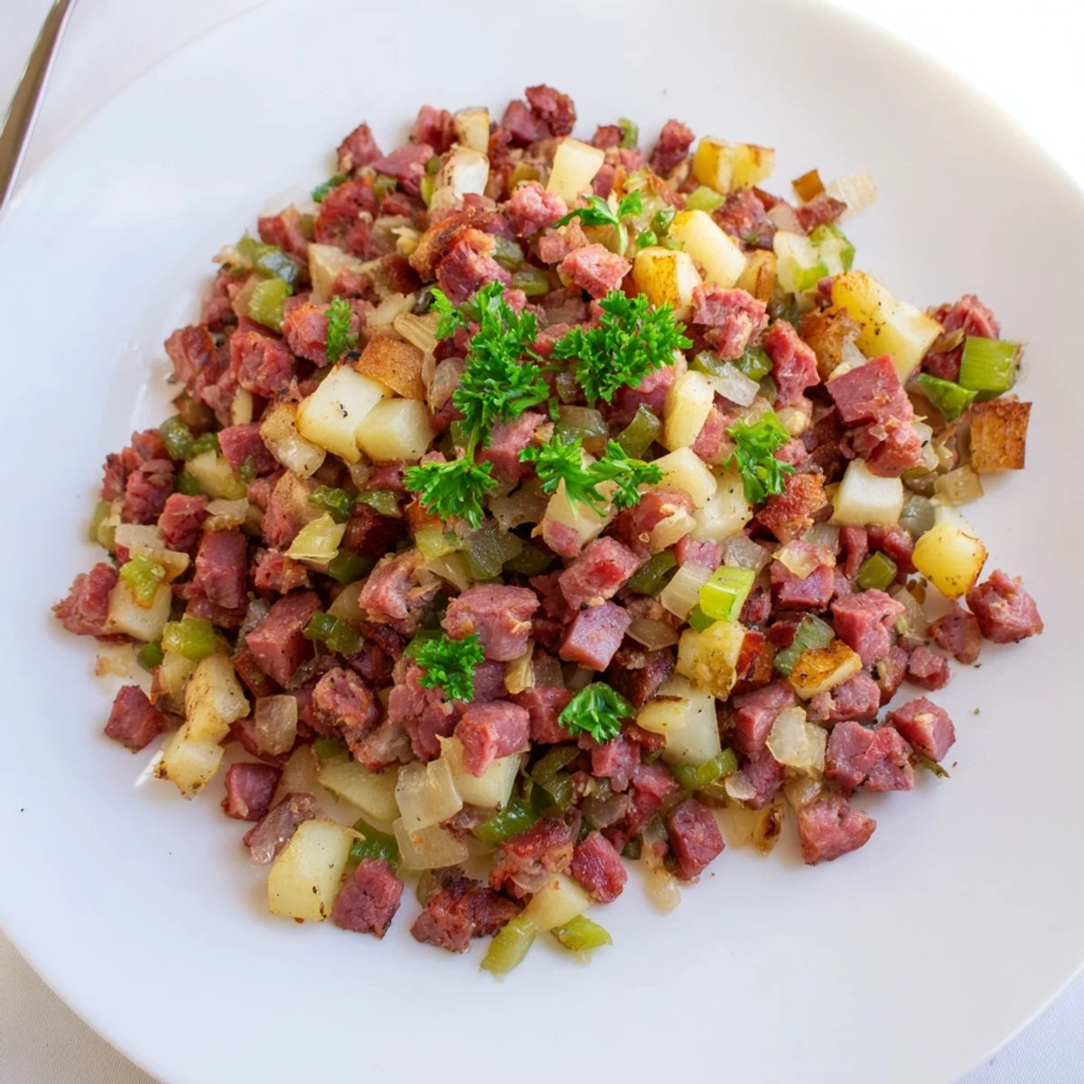 Freshly chopped parsley and a sunny side up egg topping this hearty American breakfast hash recipe.