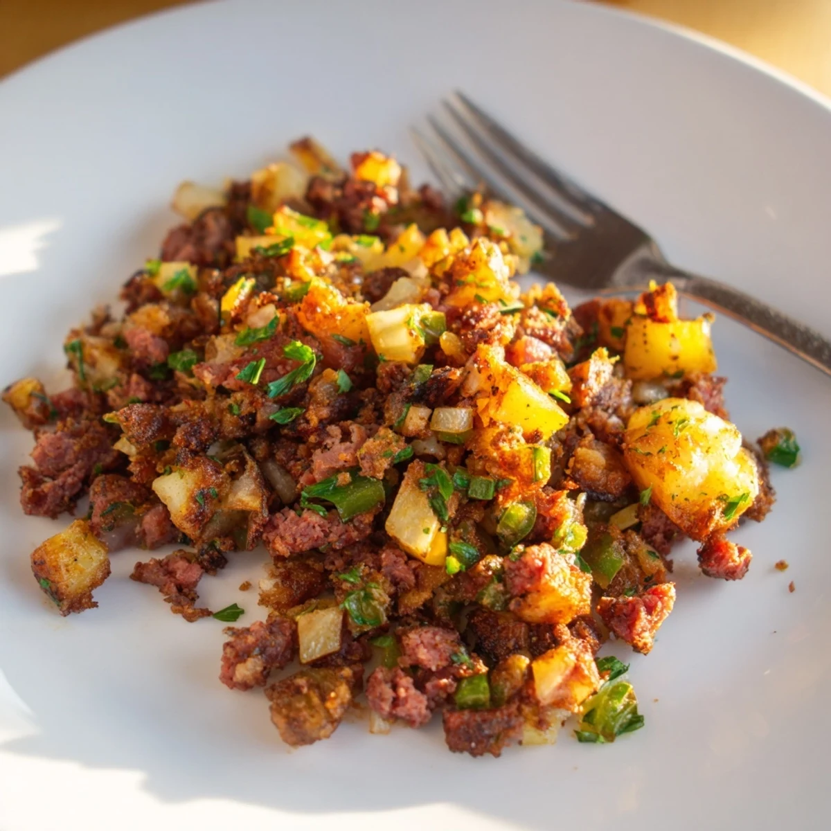 Golden crispy Corned Beef Hash with potatoes and onions sizzling in a cast iron skillet on the stovetop.
