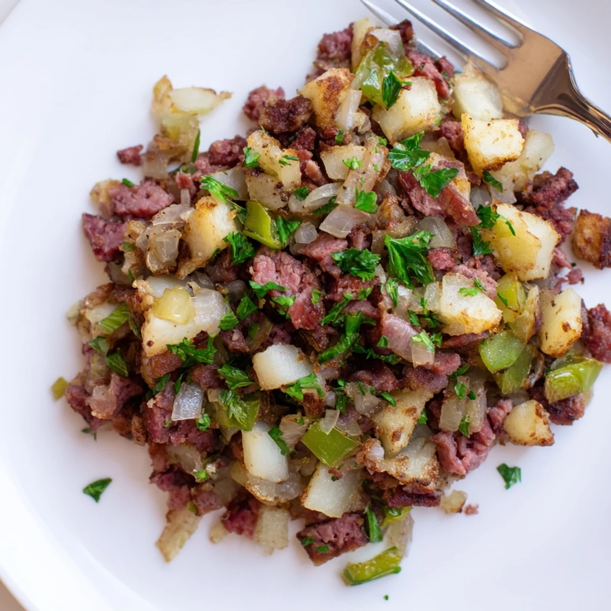 Close-up of diced corned beef and golden potatoes mixed with onions in Corned Beef Hash.