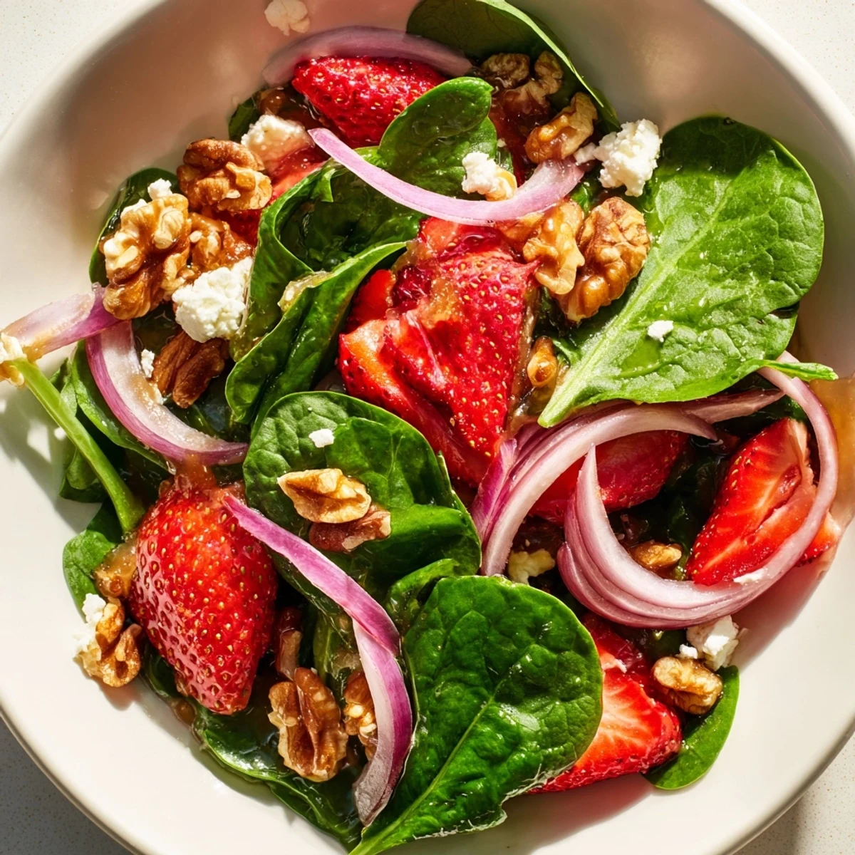 Tangy balsamic vinaigrette and crumbled feta cheese add flavor to this Strawberry Spinach Salad with Candied Walnuts on a white plate.