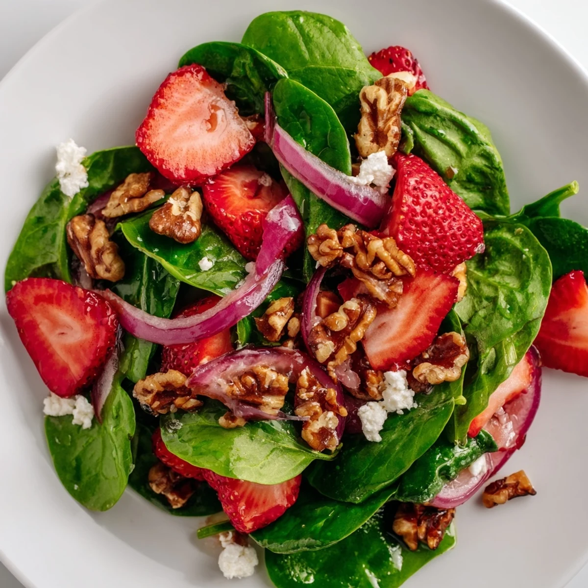 Sliced red onion and golden candied walnuts garnish a vibrant serving of Strawberry Spinach Salad with Candied Walnuts for dinner.