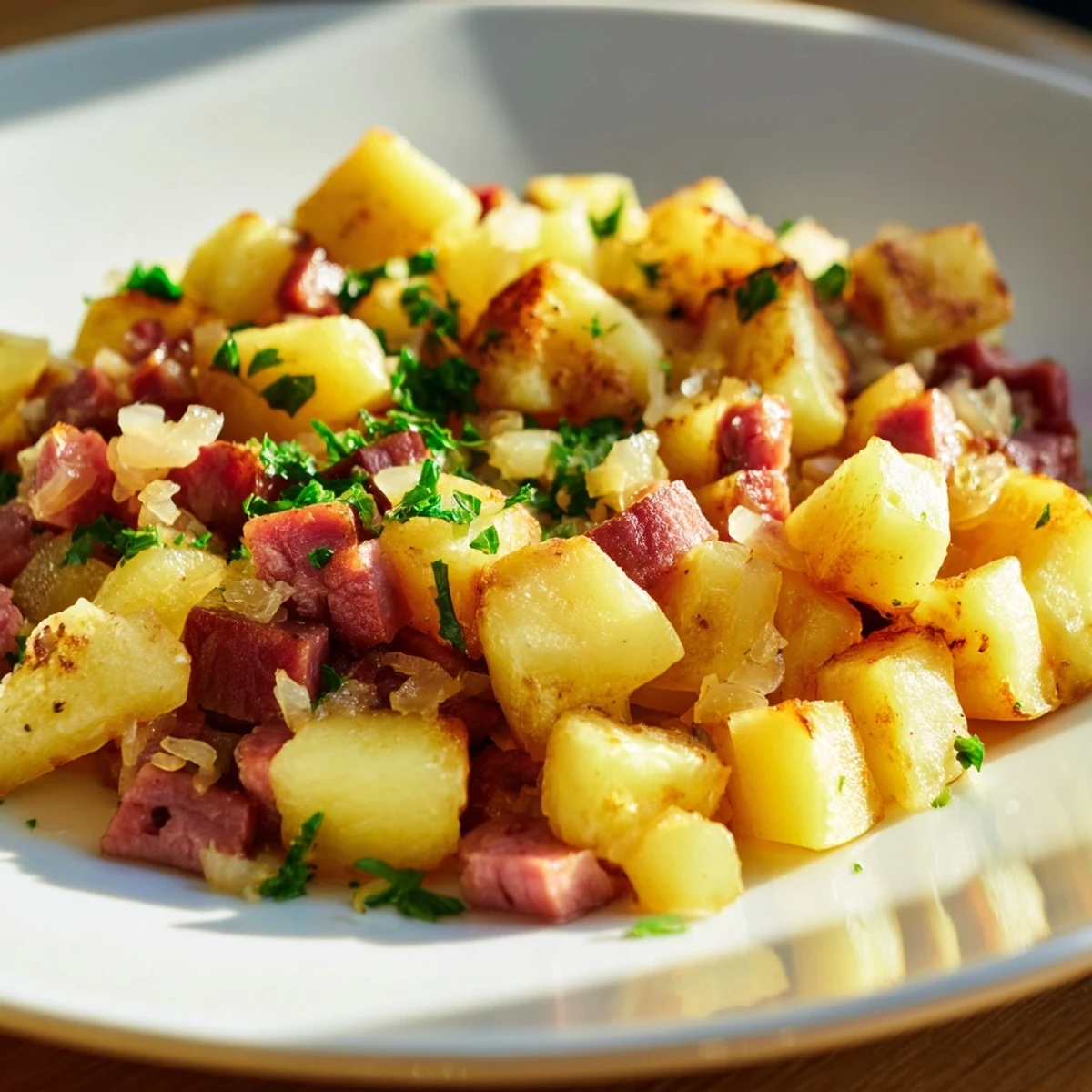 Golden crispy potatoes and savory diced corned beef hash sizzling in a skillet, topped with sautéed onions and red bell peppers.