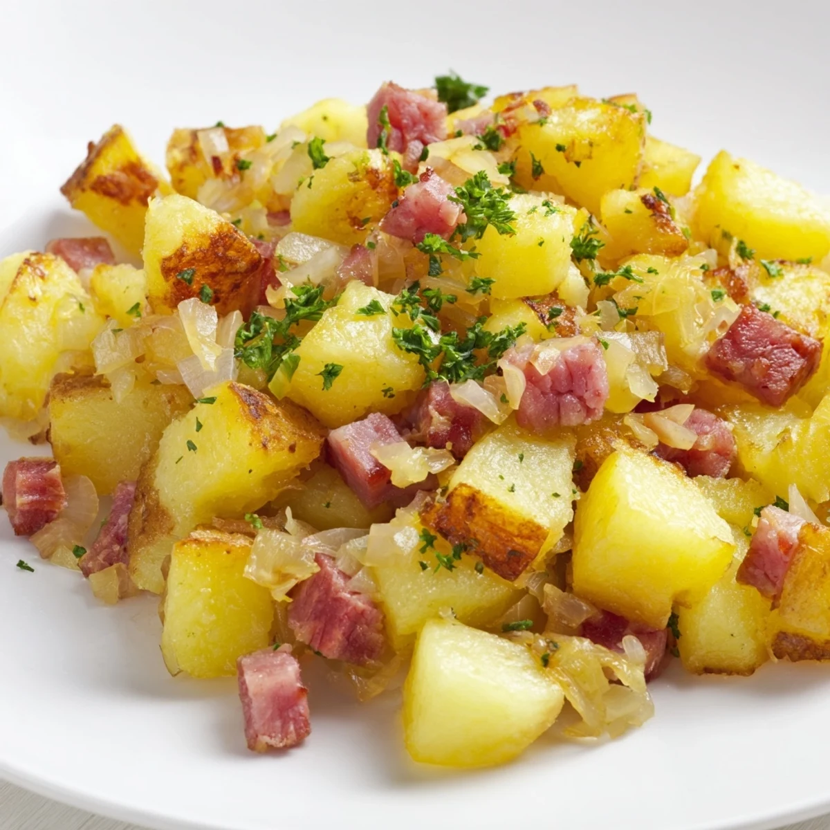 A hearty serving of corned beef hash with two sunny side up eggs, garnished with fresh parsley on a rustic plate.