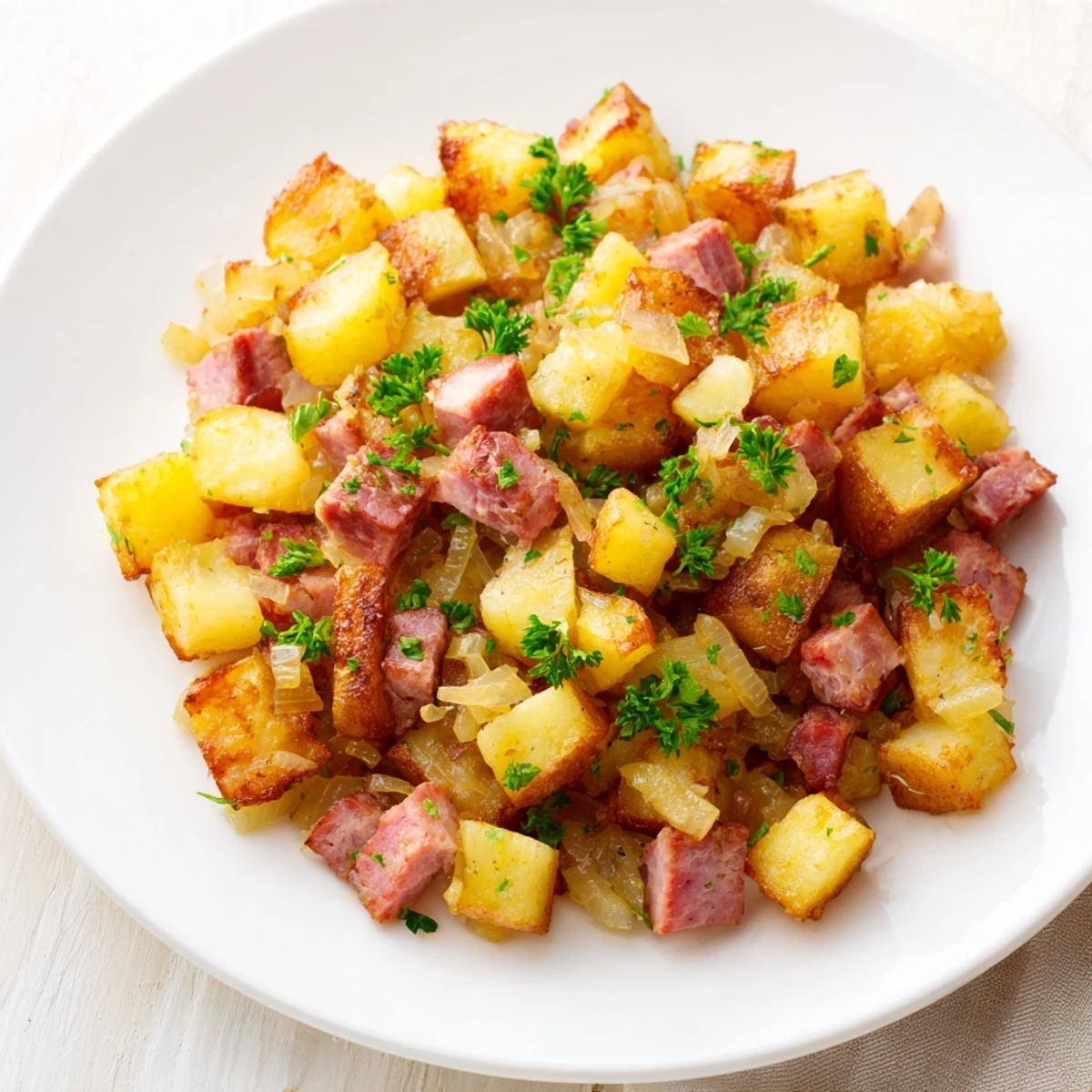 Close-up of golden brown corned beef hash with crispy potato edges in a cast iron skillet, ready for a classic American breakfast.