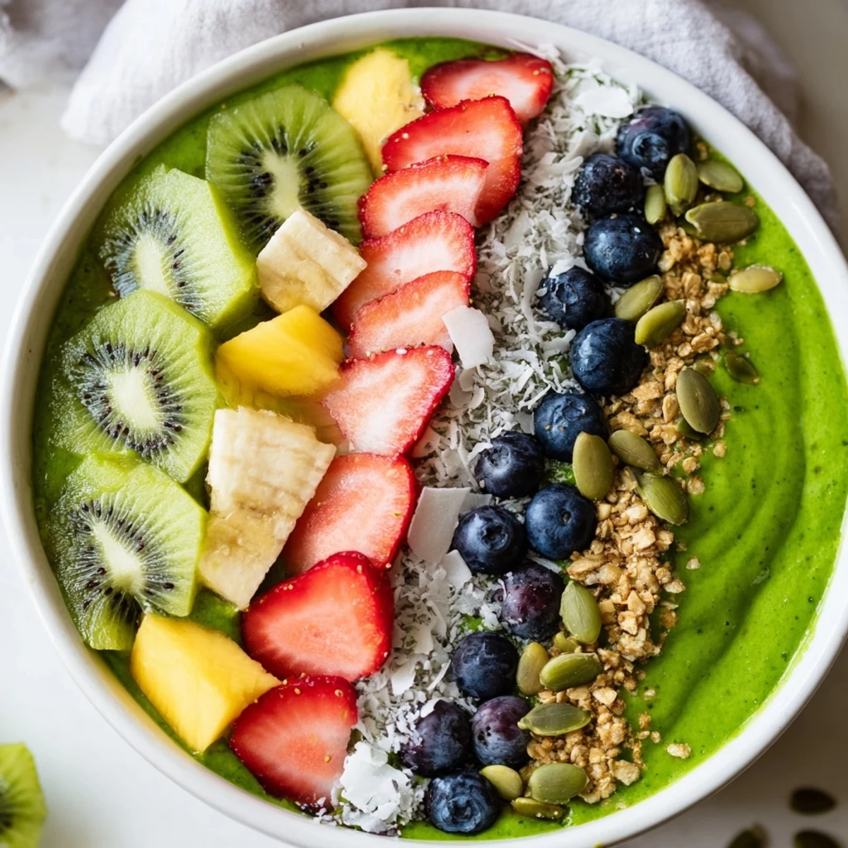 Green Smoothie Bowl with Fruit Toppings served for a nutritious breakfast topped with crunchy granola and blueberries.