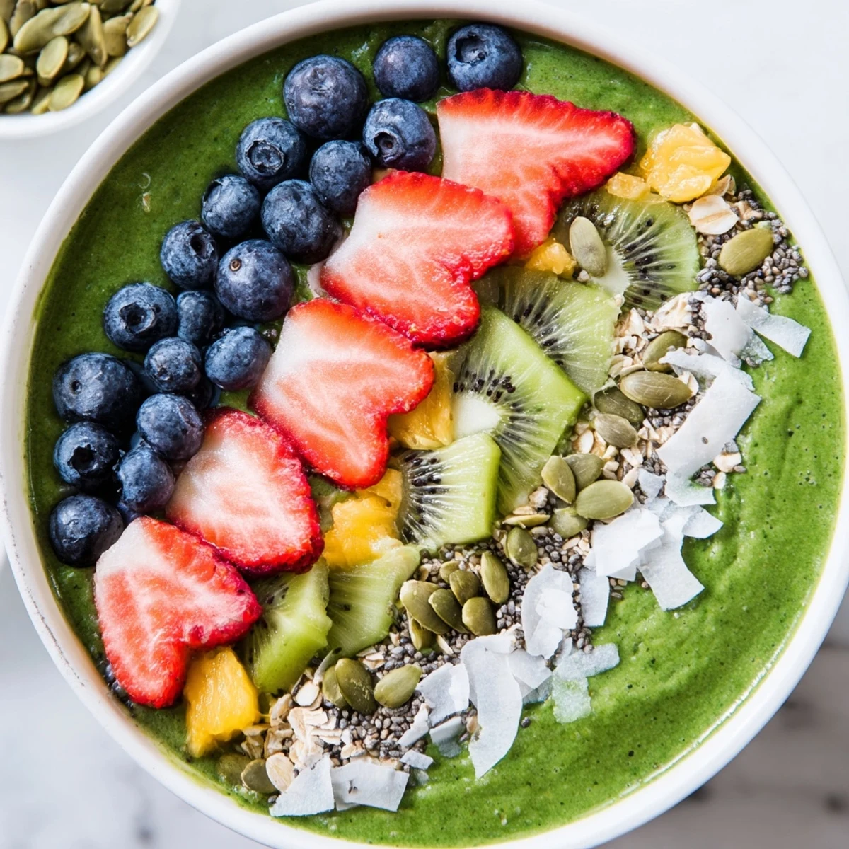 A vibrant Green Smoothie Bowl with Fruit Toppings layered in a bowl topped with fresh strawberries and sliced kiwi.