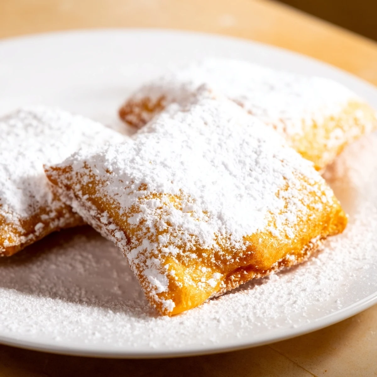 Golden-brown Mardi Gras Fried Dough squares, puffed and crispy, dusted with powdered sugar and served warm on a festive plate.  