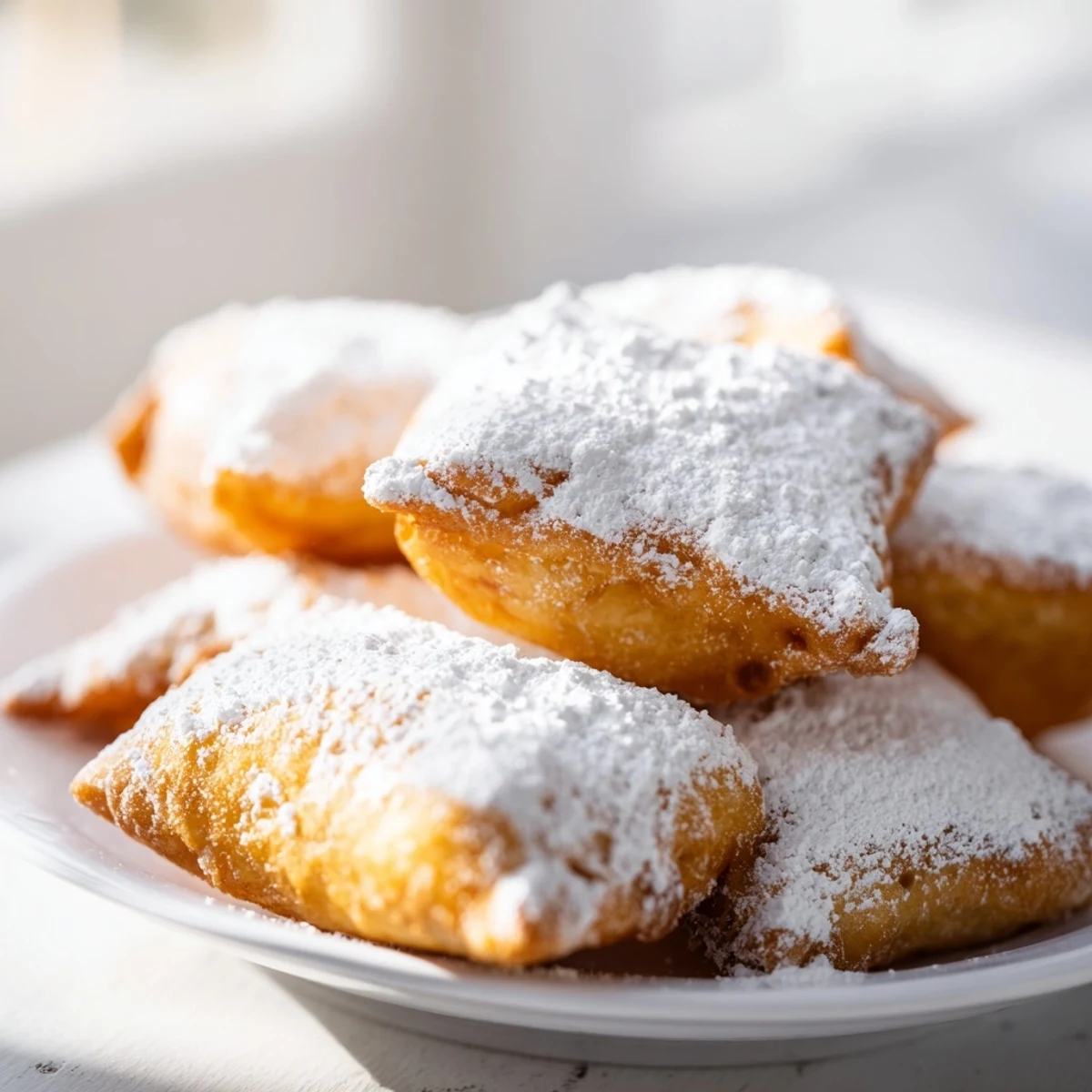 Freshly fried Mardi Gras Fried Dough pieces on a paper towel, steaming slightly as powdered sugar melts into fluffy interiors.  