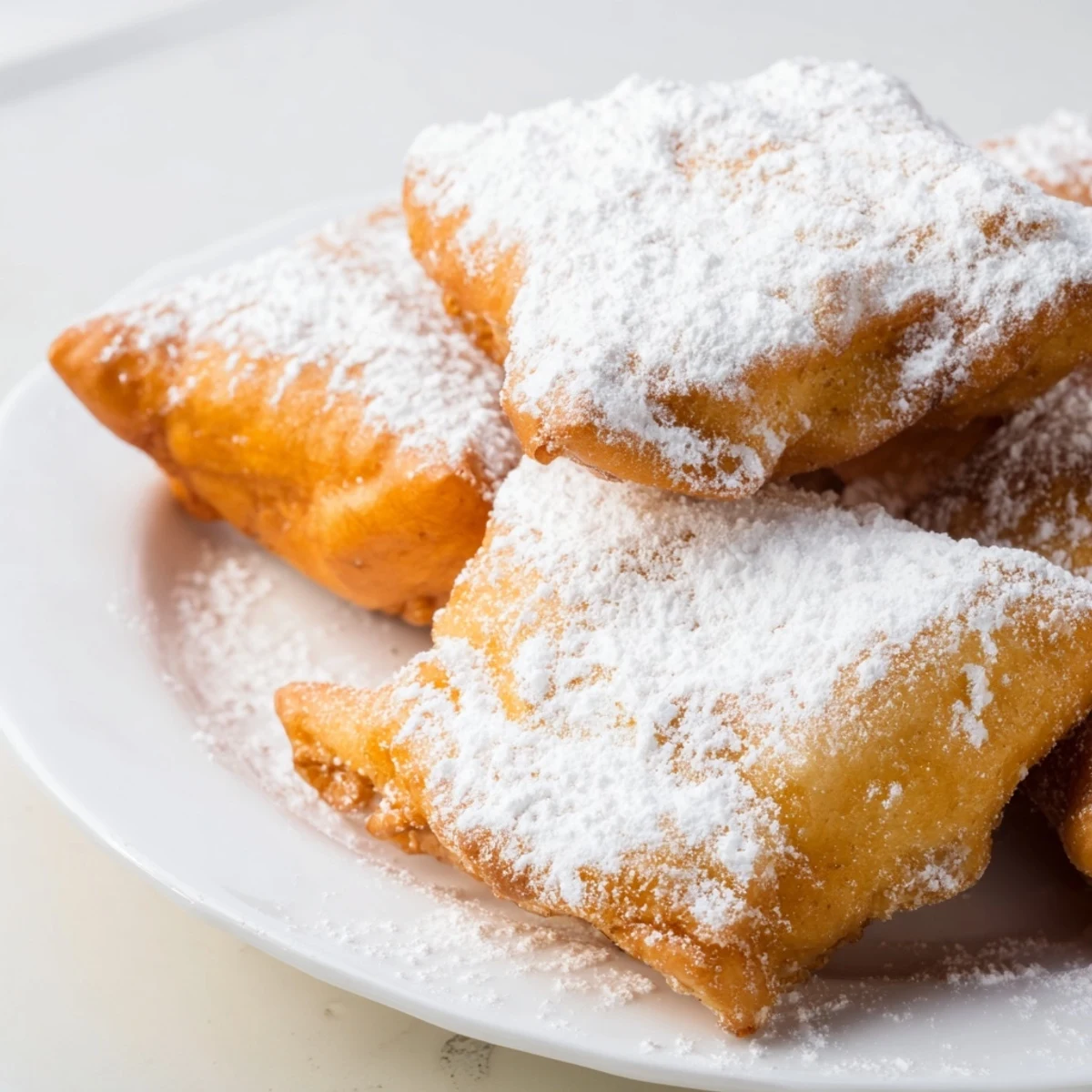 A plate of Mardi Gras Fried Dough with powdered sugar, drizzled with chocolate sauce for a delicious New Orleans treat.