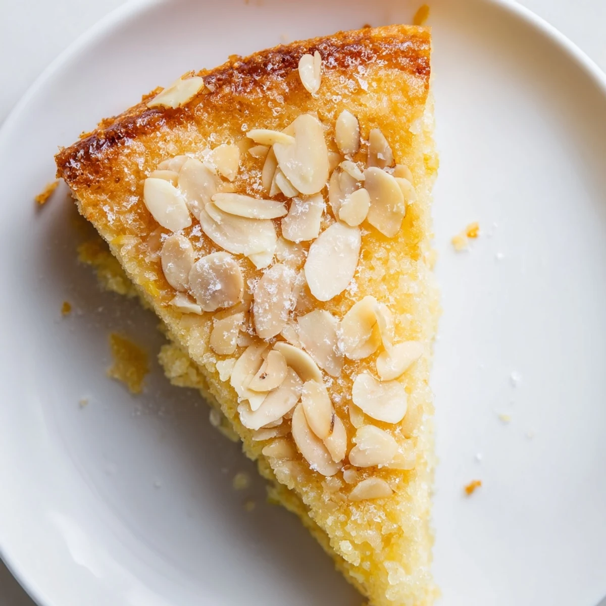 Golden Lemon Ricotta Cake with Sliced Almonds, topped with toasted almond slices and fresh zest.