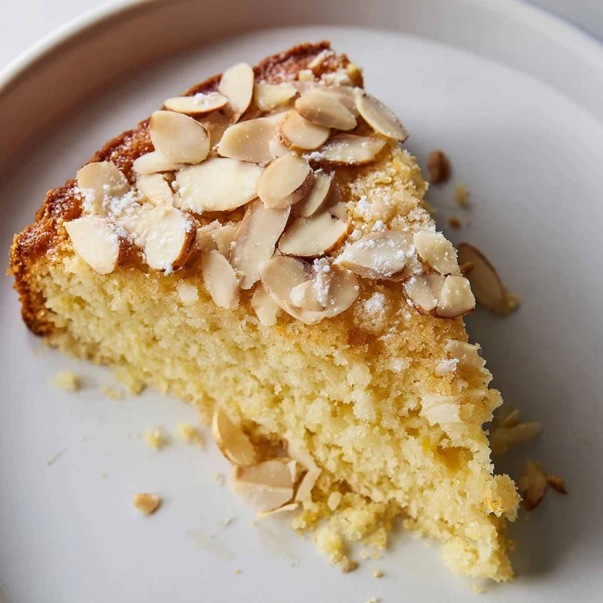 Lemon Ricotta Cake with Sliced Almonds on a rustic plate, served with fresh berries and cream.