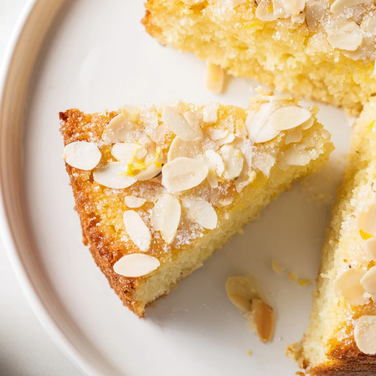 A slice of Lemon Ricotta Cake with Sliced Almonds reveals moist crumb and crunchy nut topping.