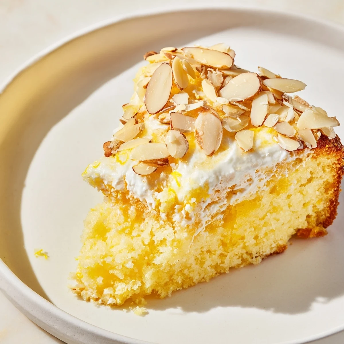 Freshly baked Lemon Ricotta Cake with sliced almonds on a white plate, served with coffee.