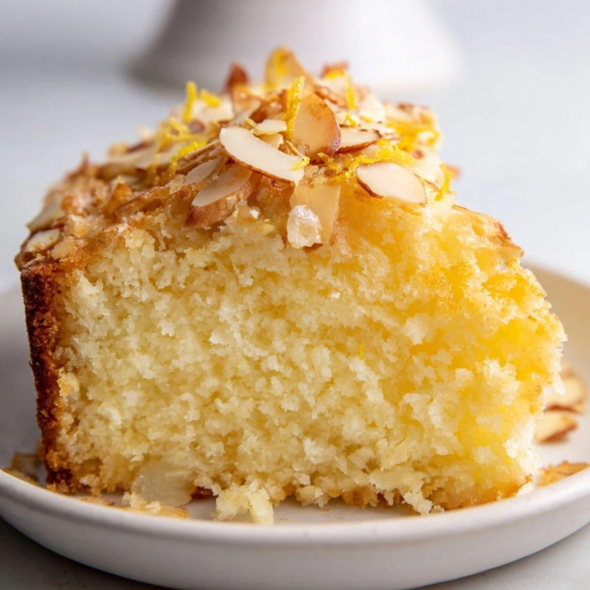 Slice of moist Lemon Ricotta Cake with creamy texture and almond crunch on dessert plate.