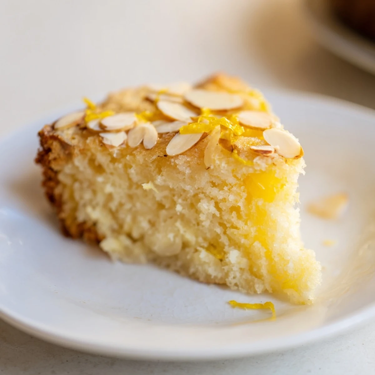 Golden crusted Lemon Ricotta Cake topped with sliced almonds and lemon zest on marble counter.