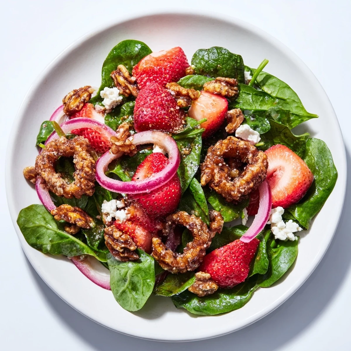 Fresh baby spinach and sliced strawberries topped with crunchy candied walnuts and crumbled goat cheese in this Strawberry Spinach Salad with Candied Walnuts.