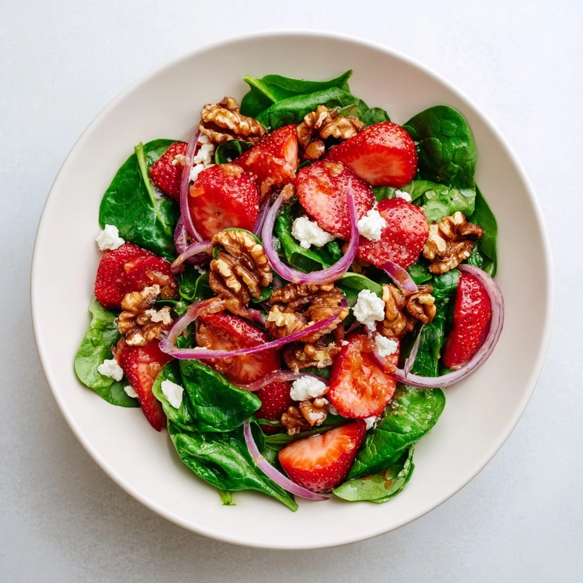 A close-up view of the Strawberry Spinach Salad with Candied Walnuts featuring glistening balsamic vinaigrette and vibrant red onion slices.