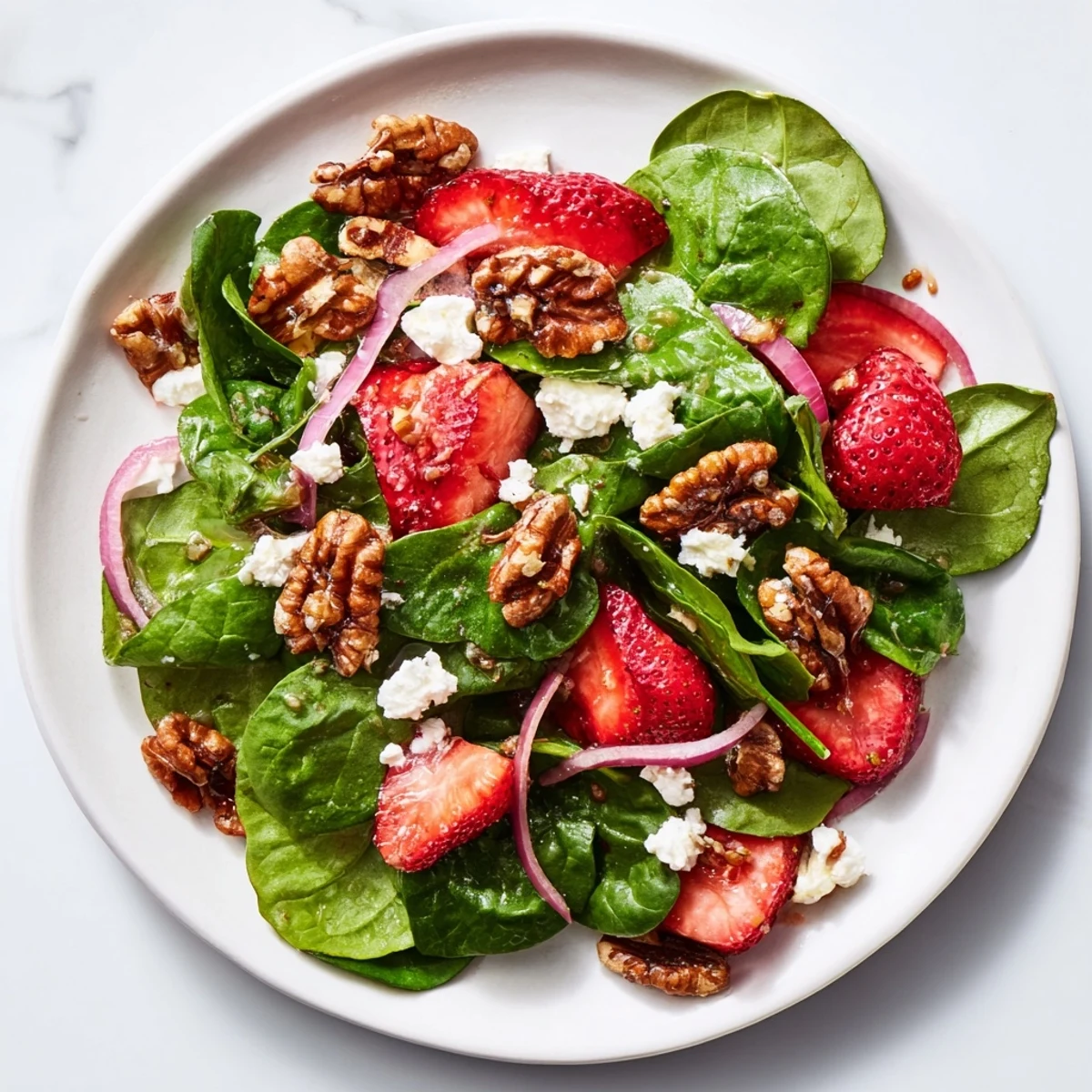 Serving suggestion for Strawberry Spinach Salad with Candied Walnuts plated alongside grilled chicken for a complete vegetarian, gluten-free meal.