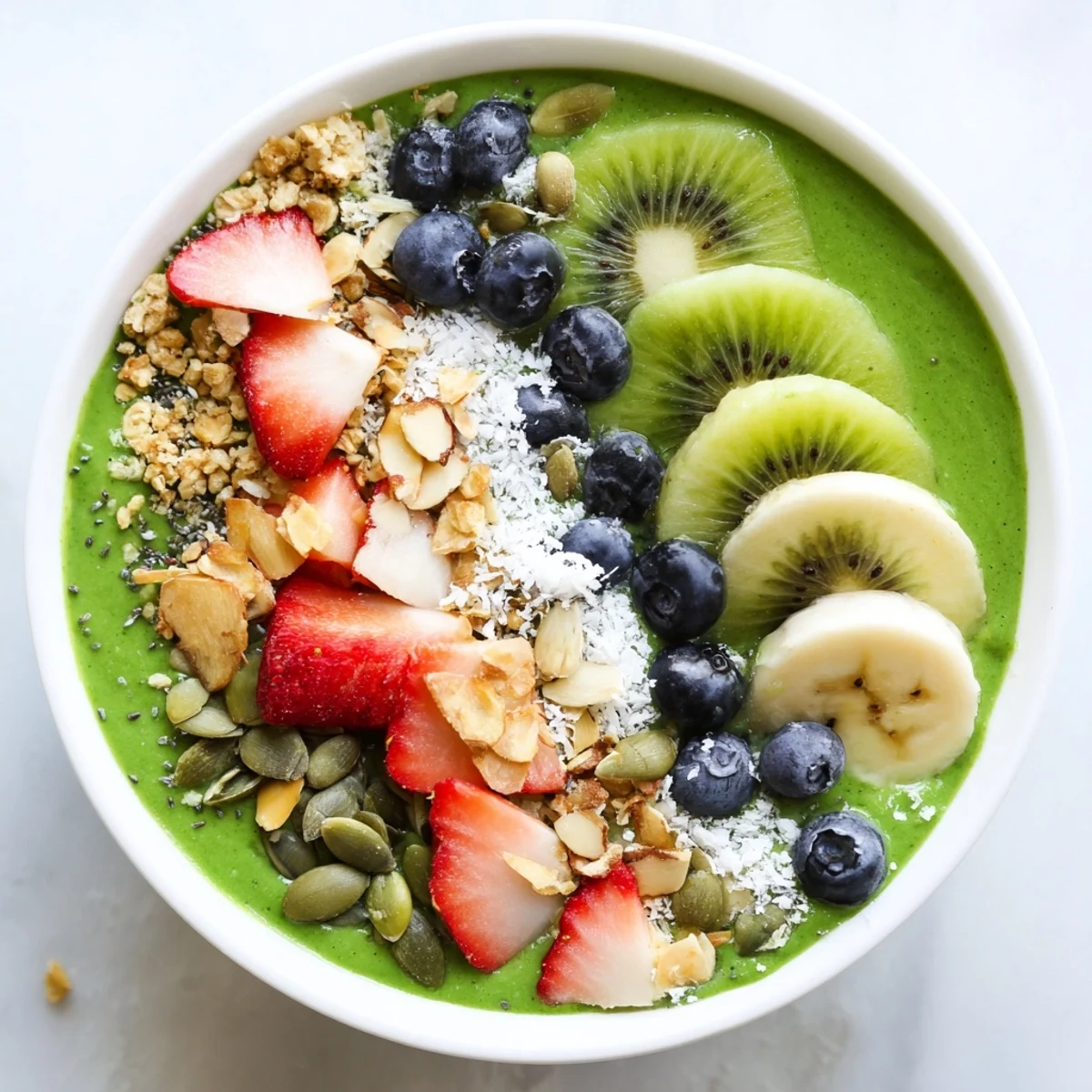 A vibrant green smoothie bowl with fresh fruit toppings and crunchy granola.